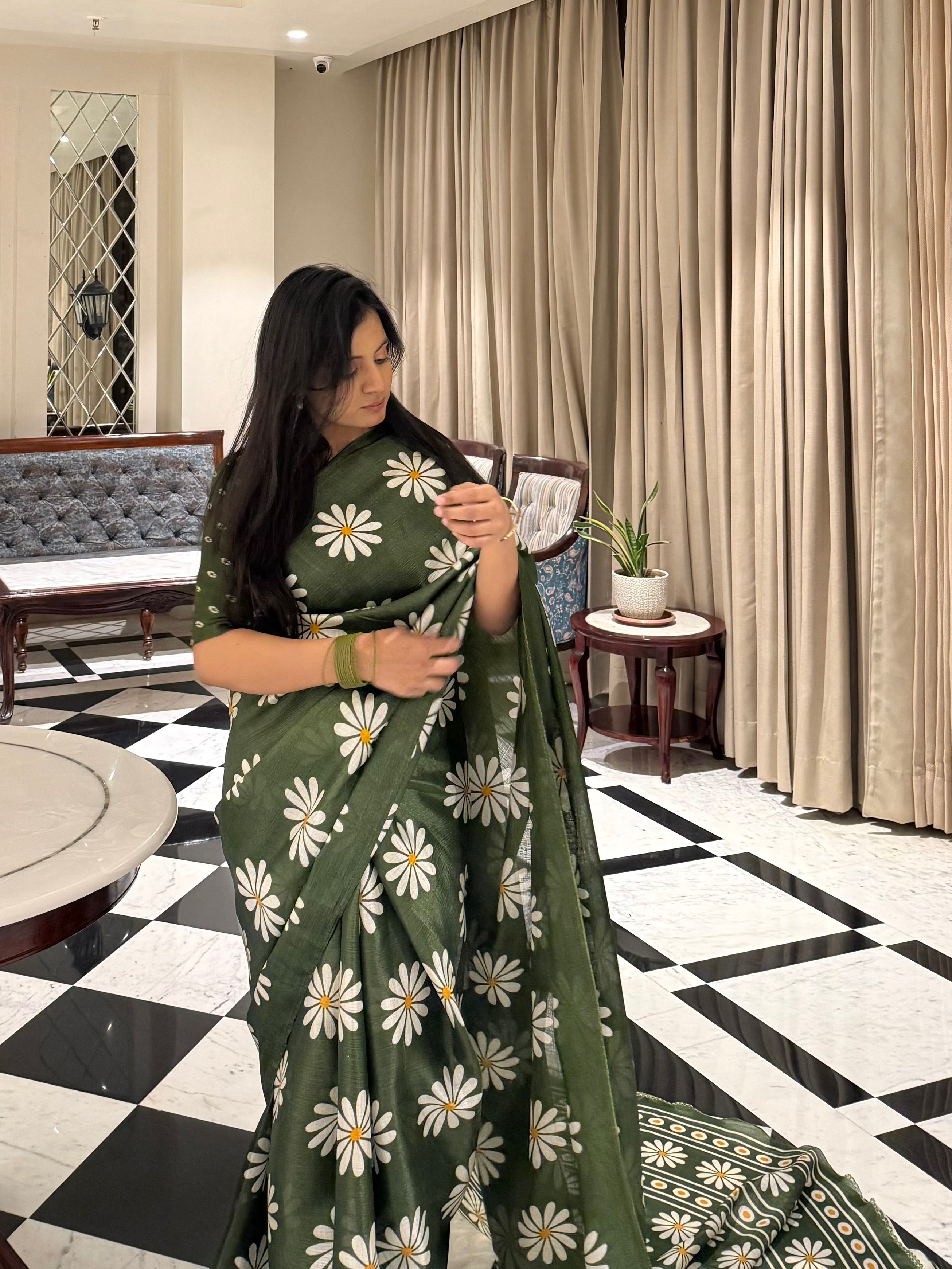 Guldasta – Olive Floral Print Saree with Unstitched Blouse