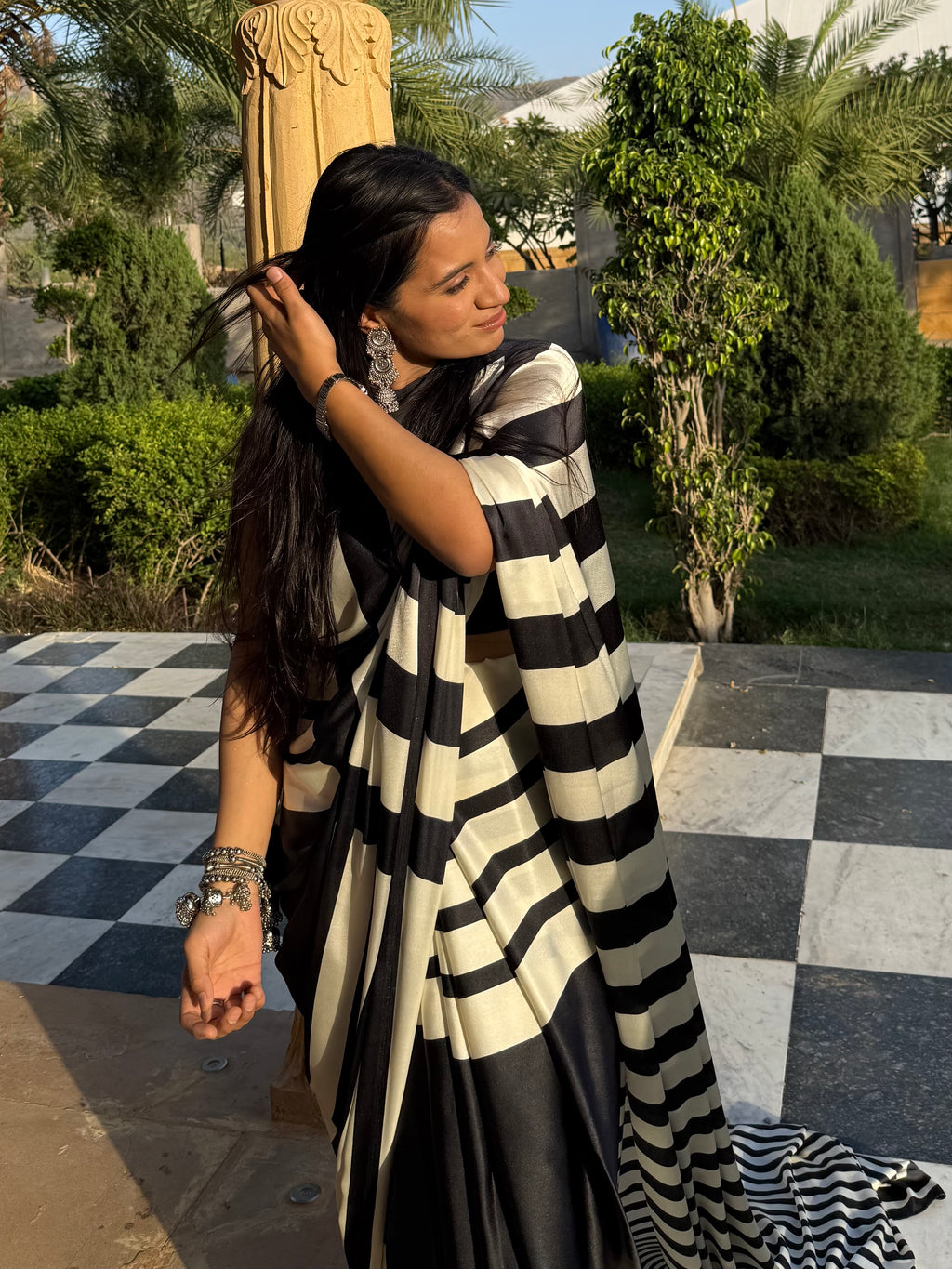 Siyahi Rekha – Black-Ivory Striped Saree with Unstitched Blouse