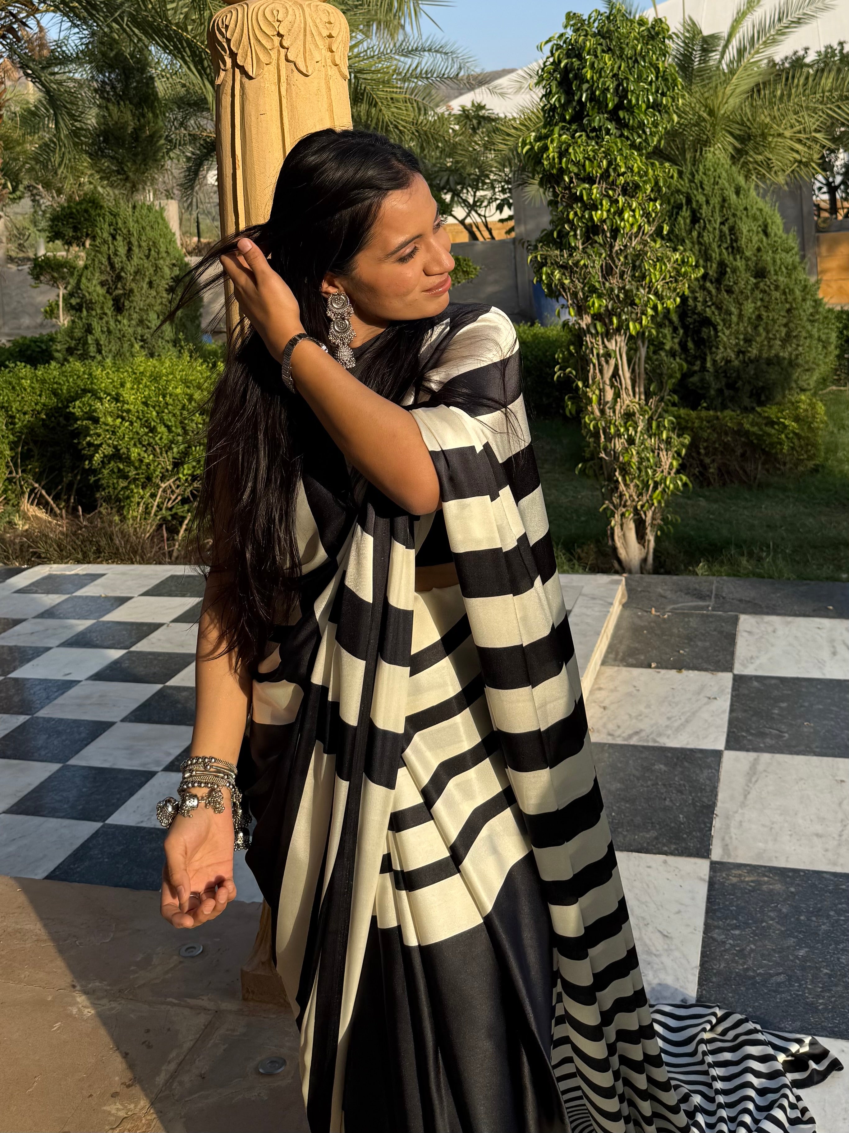 Siyahi Rekha – Black-Ivory Striped Saree with Unstitched Blouse
