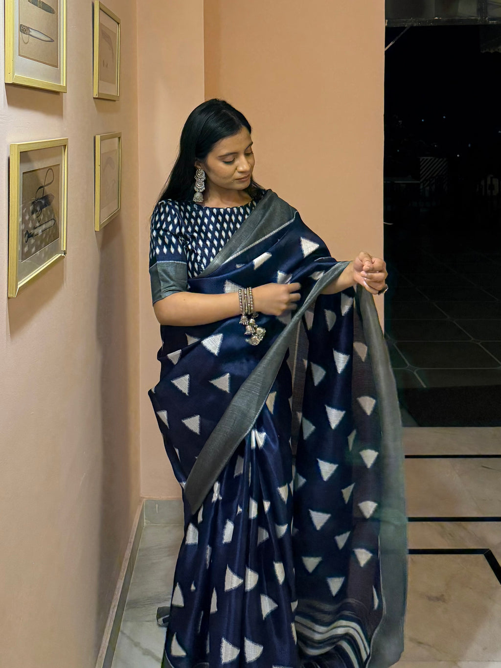 Saanjh Kavita — Indigo Triangle Motif Saree with Unstitched Blouse
