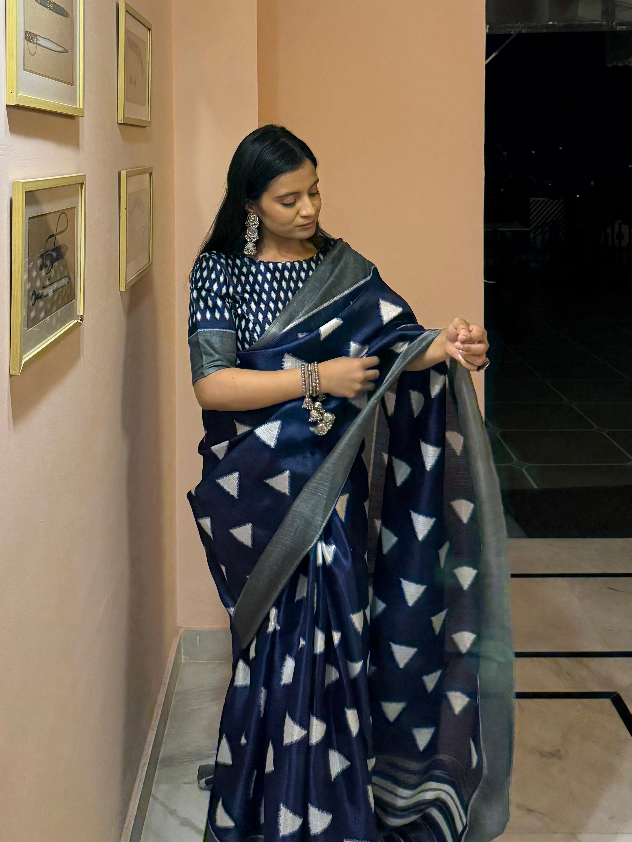 Saanjh Kavita — Indigo Triangle Motif Saree with Unstitched Blouse