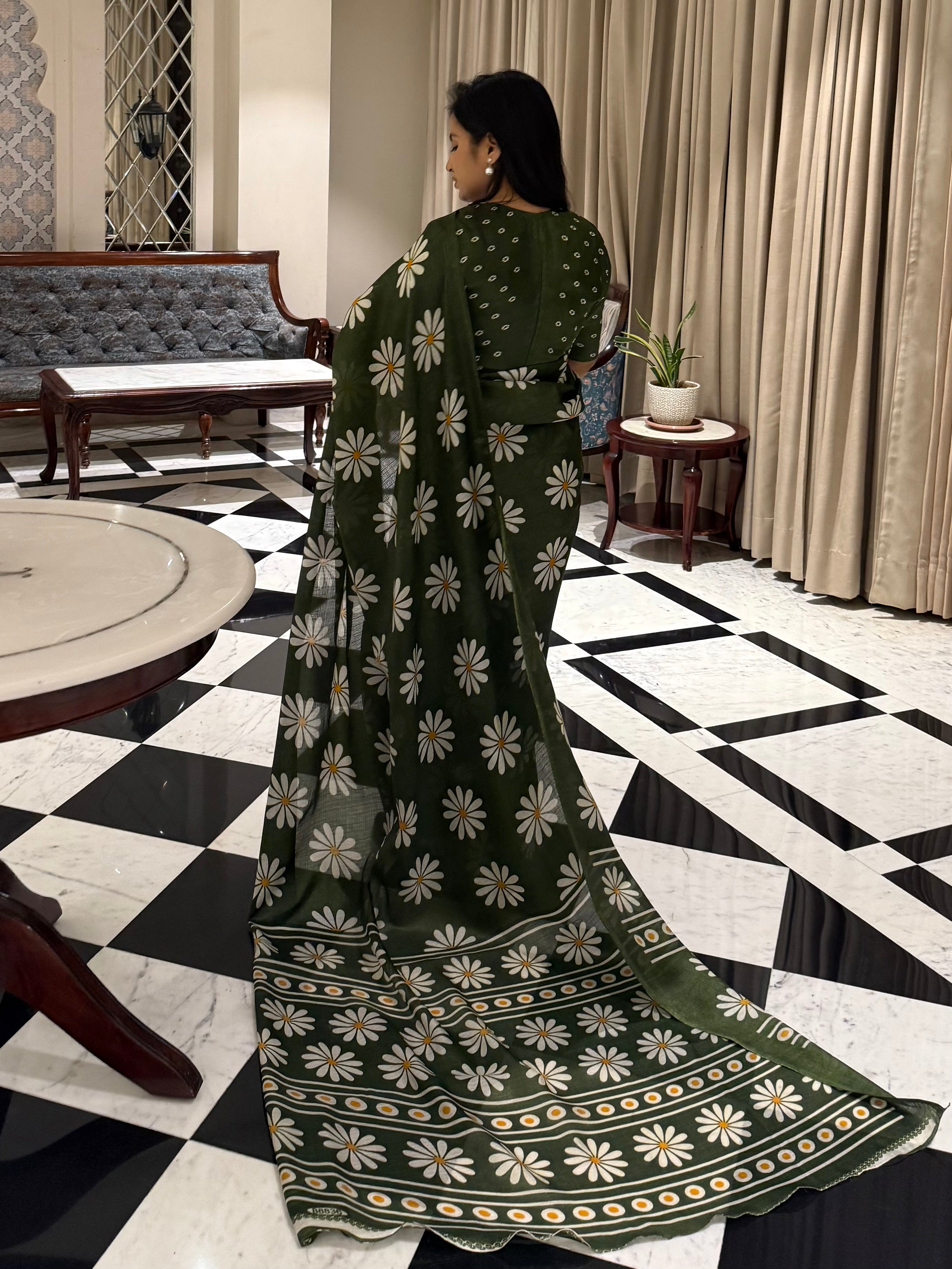 Guldasta – Olive Floral Print Saree with Unstitched Blouse