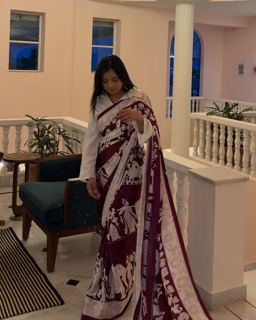 Virasat – Wine & Ivory Narrative Print Saree with Unstitched Blouse