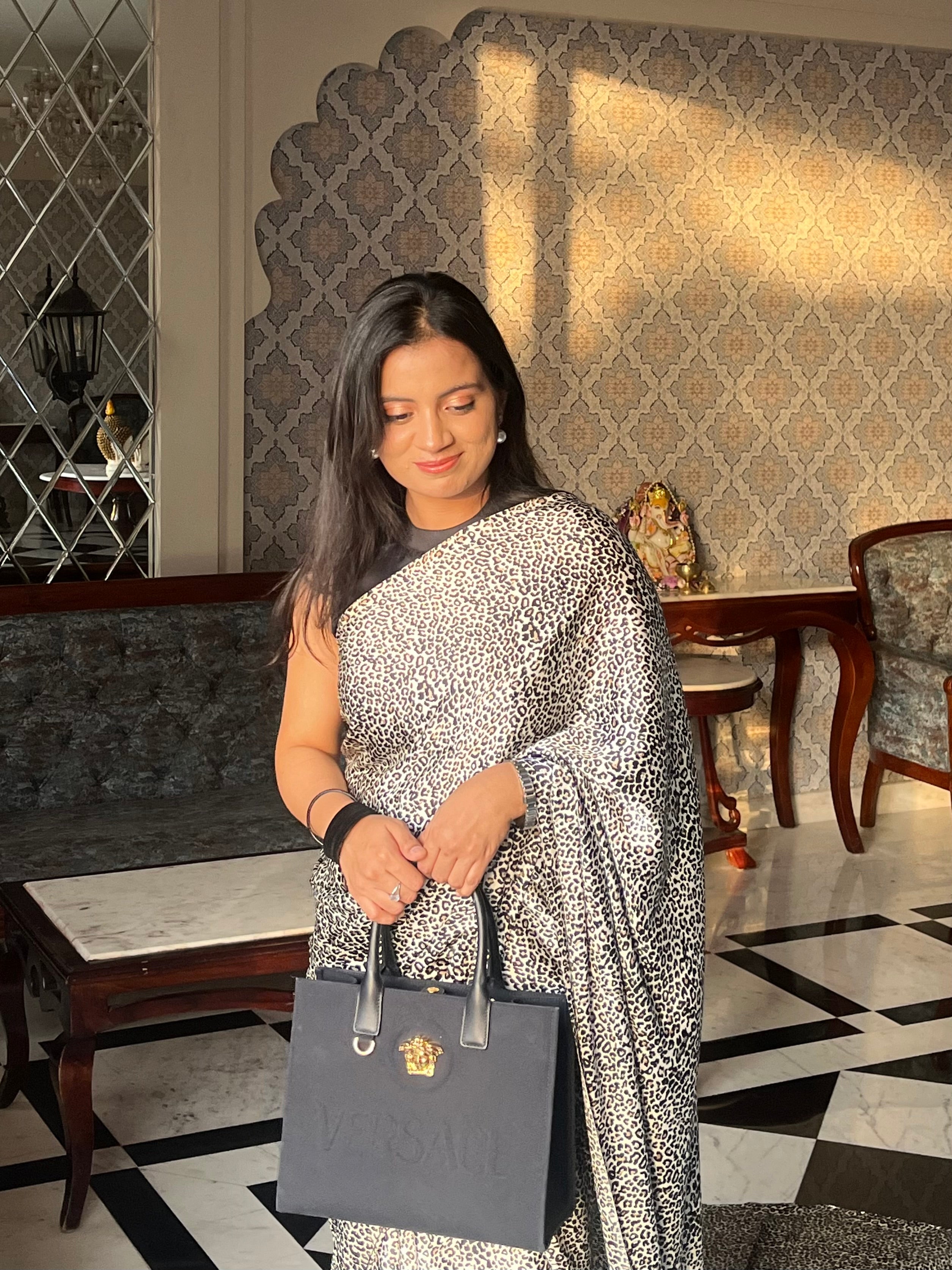 Chandramukhi – Ivory Leopard Print Saree with Unstitched Blouse