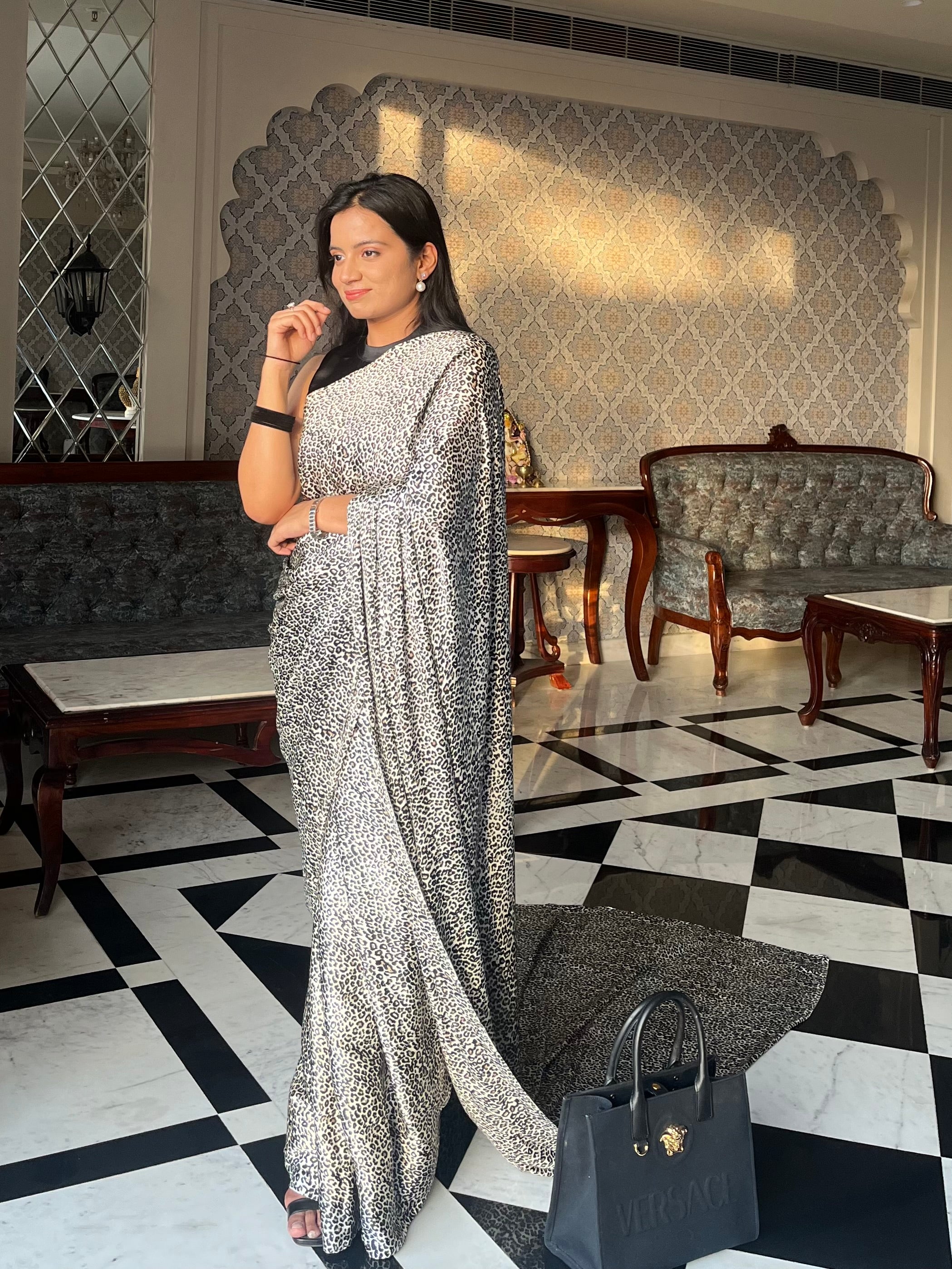 Chandramukhi – Ivory Leopard Print Saree with Unstitched Blouse