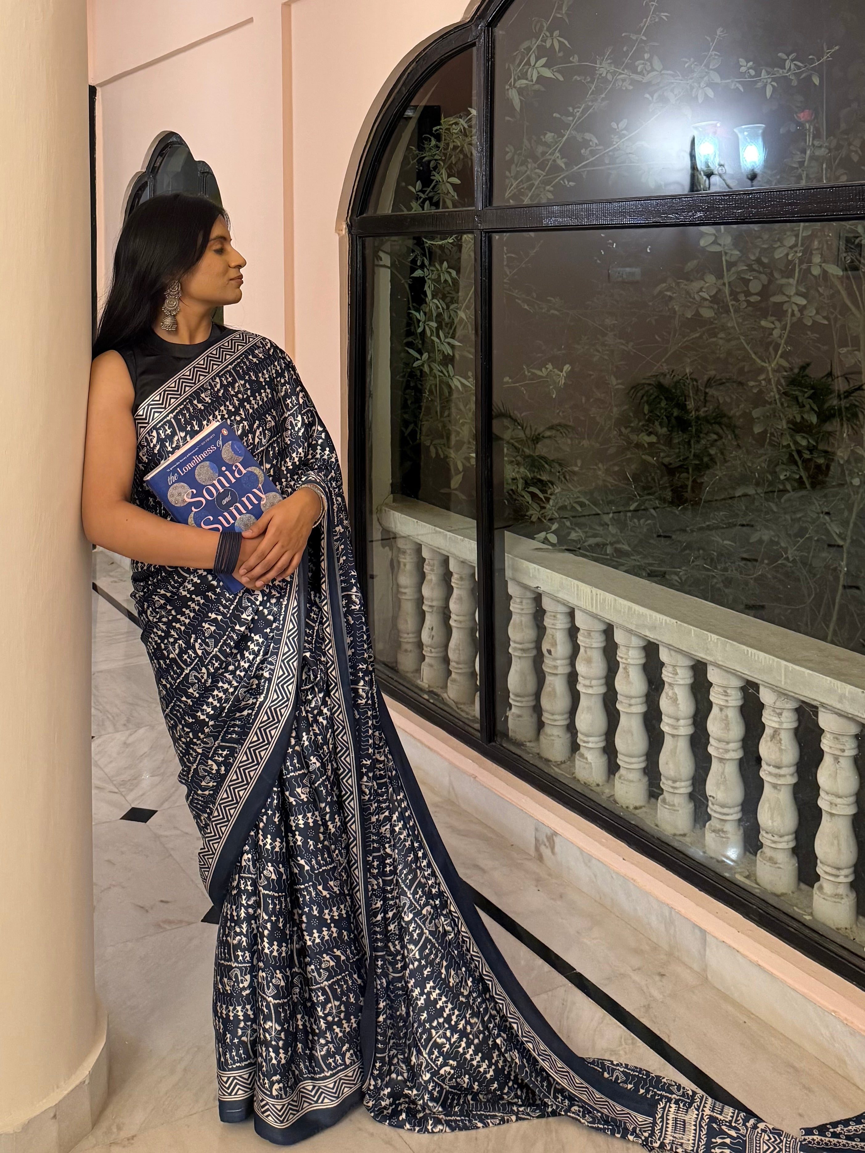 Mayur Darbar Saree – Indigo Warli-Inspired Print Saree with Unstitched Blouse