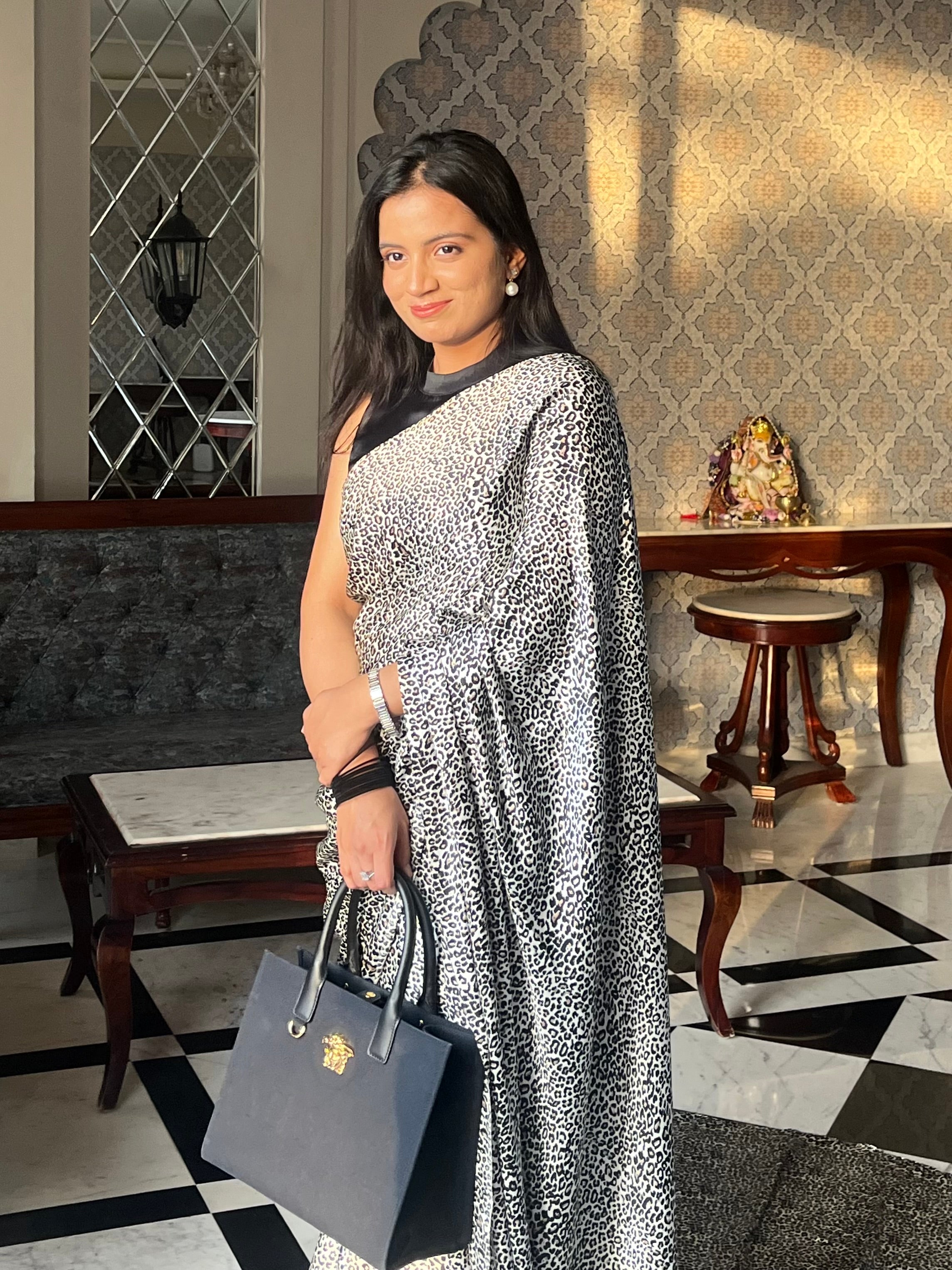 Chandramukhi – Ivory Leopard Print Saree with Unstitched Blouse