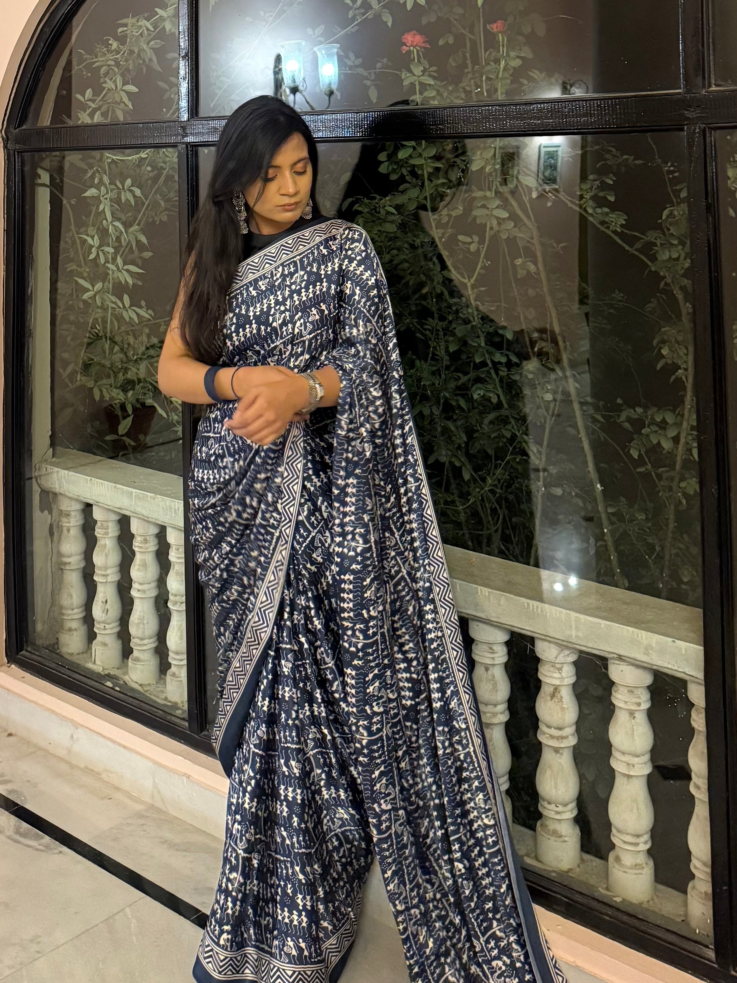 Mayur Darbar Saree – Indigo Warli-Inspired Print Saree with Unstitched Blouse