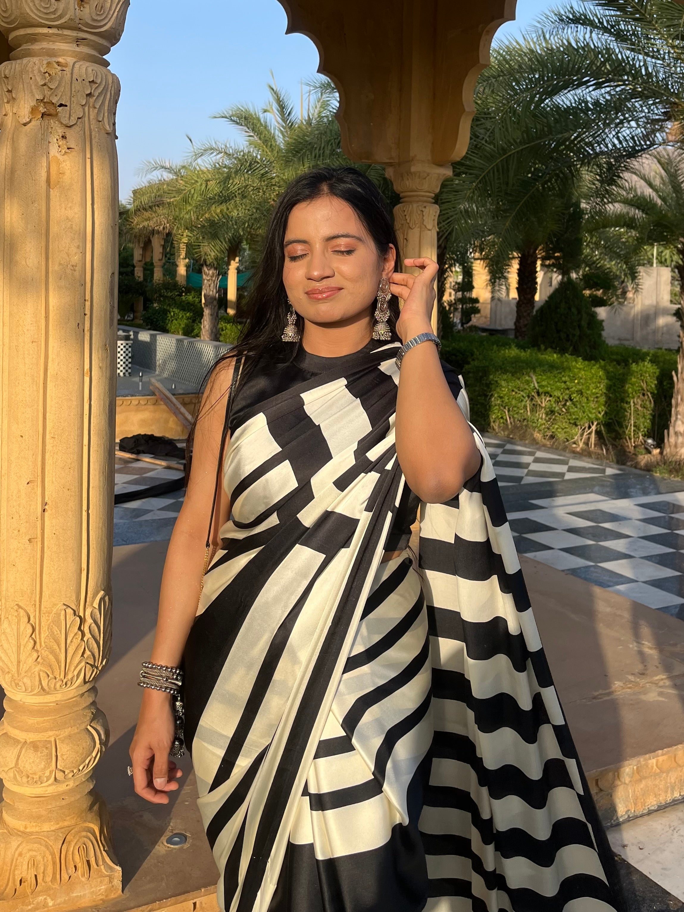 Siyahi Rekha – Black-Ivory Striped Saree with Unstitched Blouse