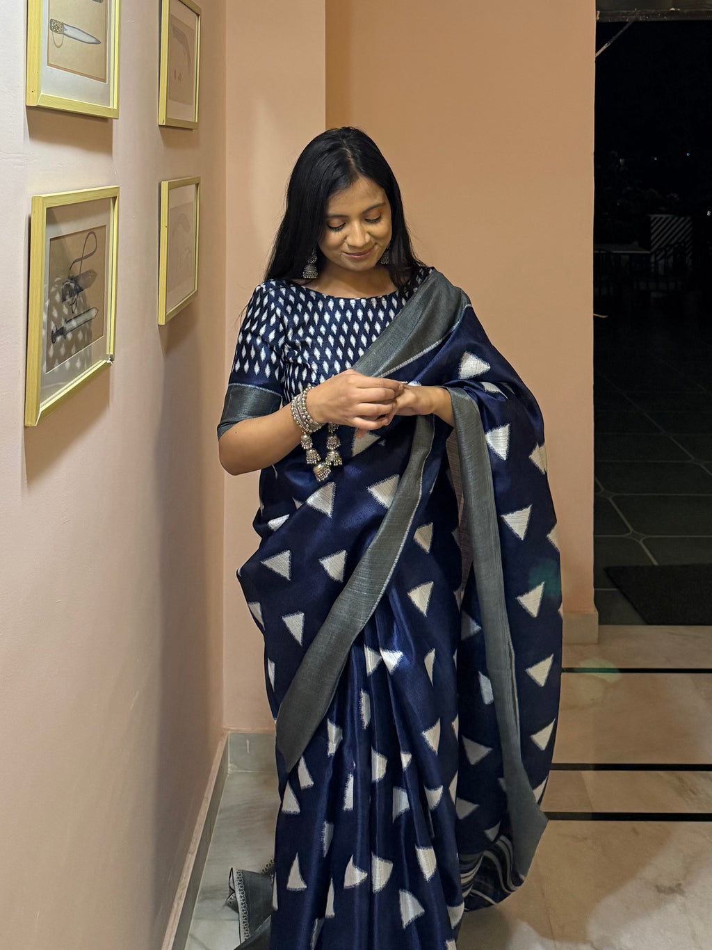 Saanjh Kavita — Indigo Triangle Motif Saree with Unstitched Blouse