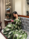 Guldasta – Olive Floral Print Saree with Unstitched Blouse