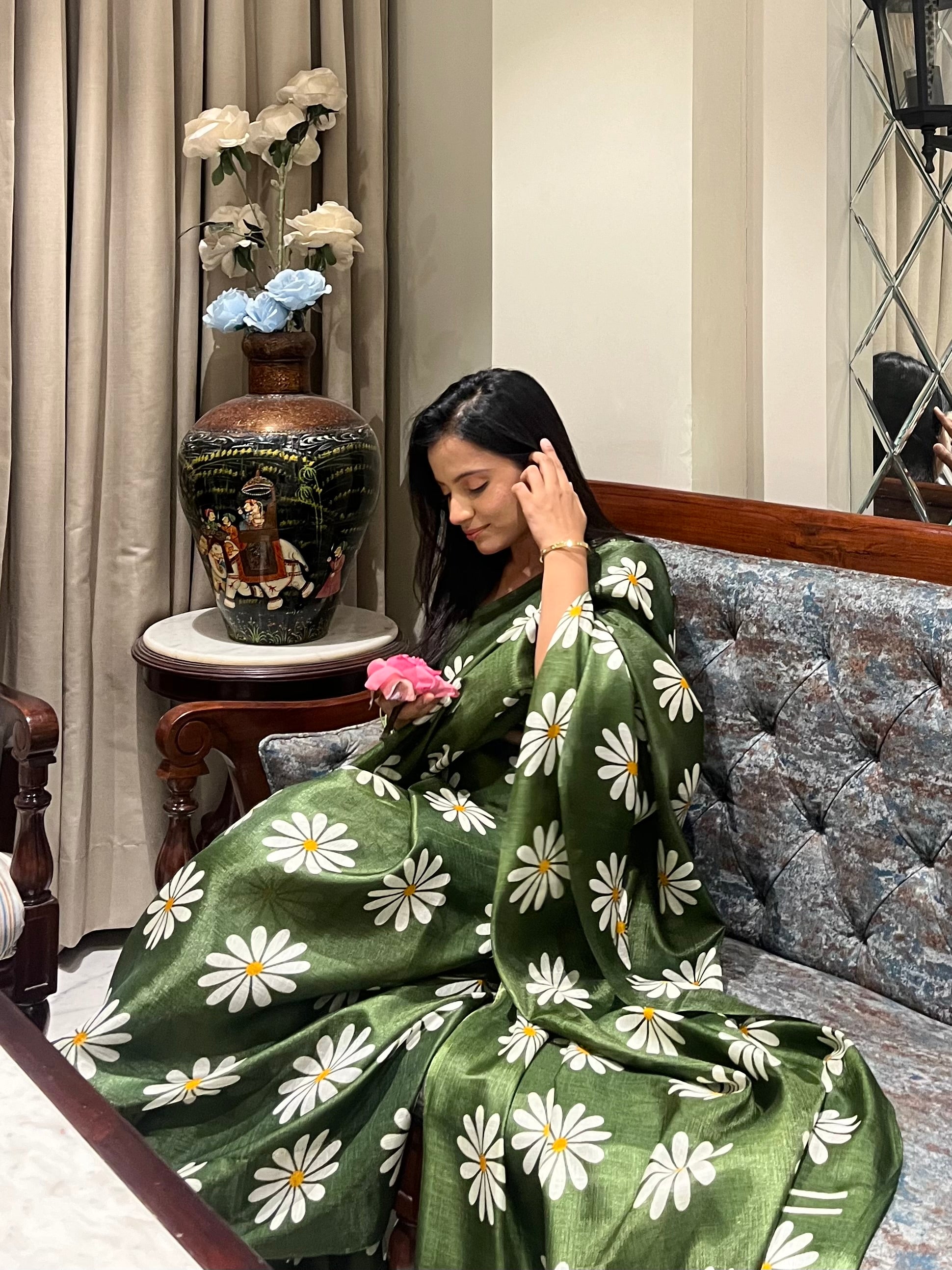 Guldasta – Olive Floral Print Saree with Unstitched Blouse