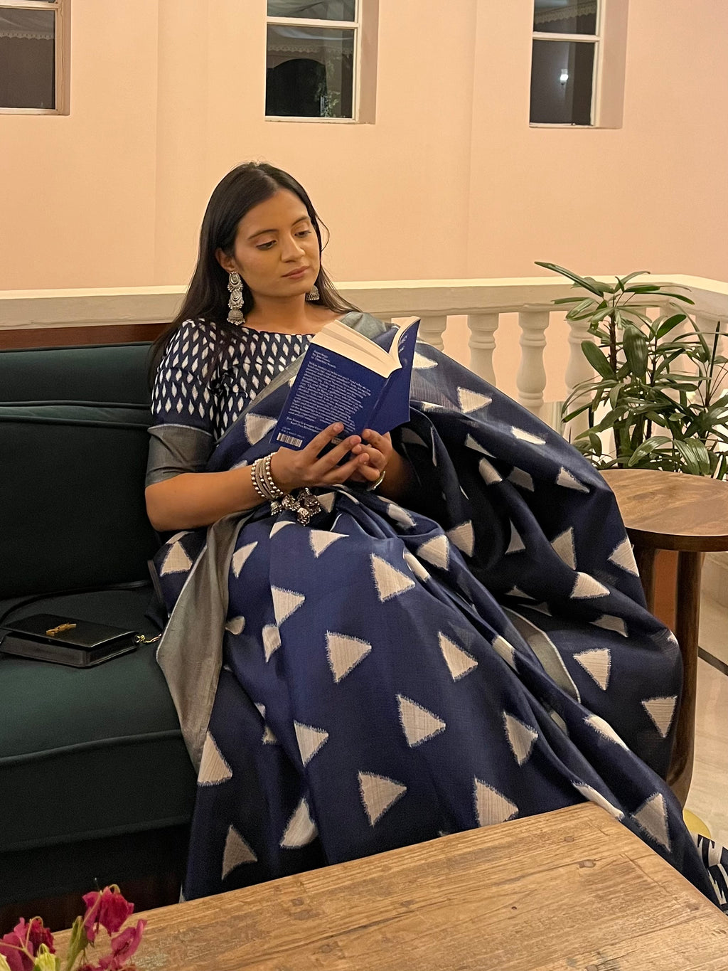 Saanjh Kavita — Indigo Triangle Motif Saree with Unstitched Blouse
