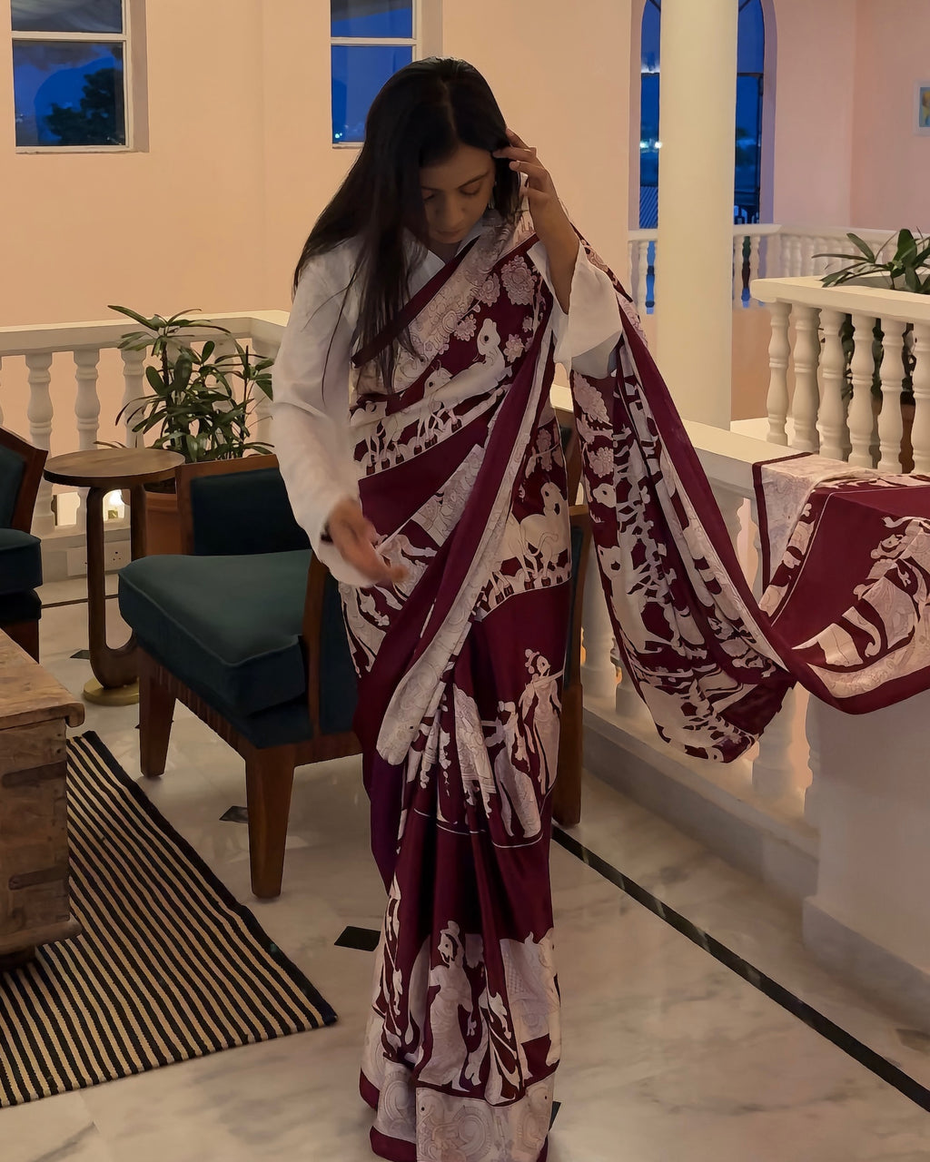Virasat – Wine & Ivory Narrative Print Saree with Unstitched Blouse