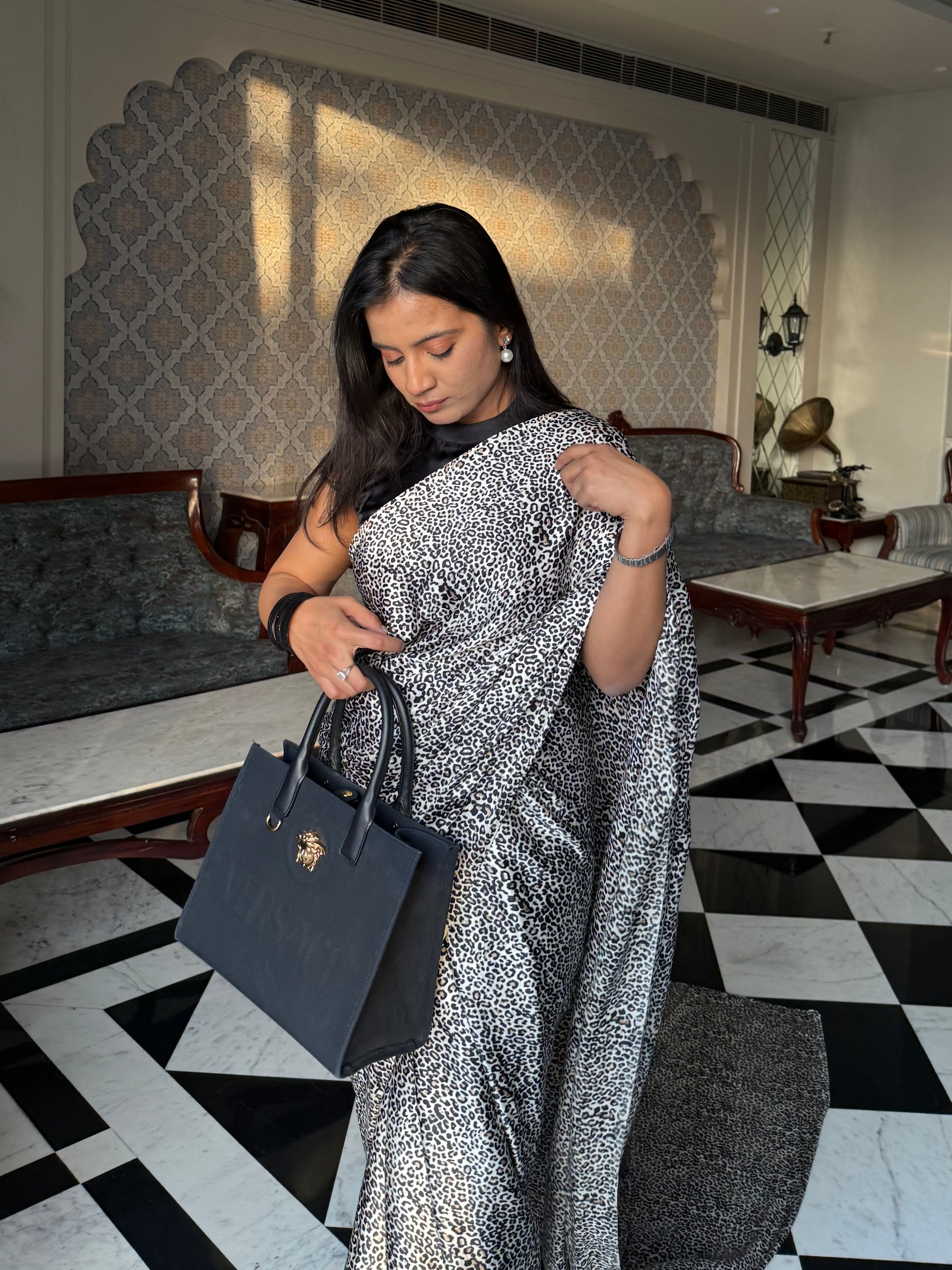 Chandramukhi – Ivory Leopard Print Saree with Unstitched Blouse