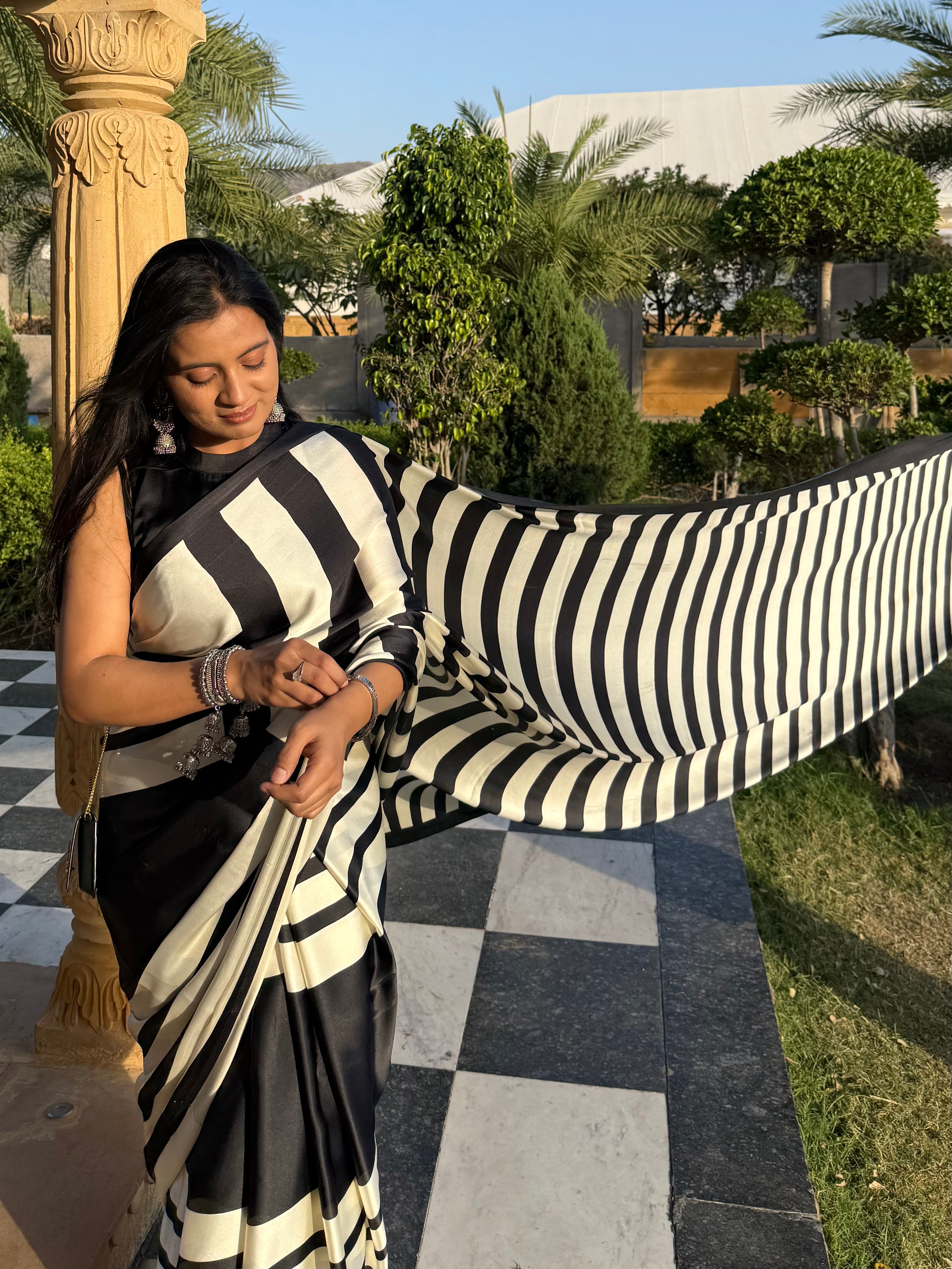 Siyahi Rekha – Black-Ivory Striped Saree with Unstitched Blouse