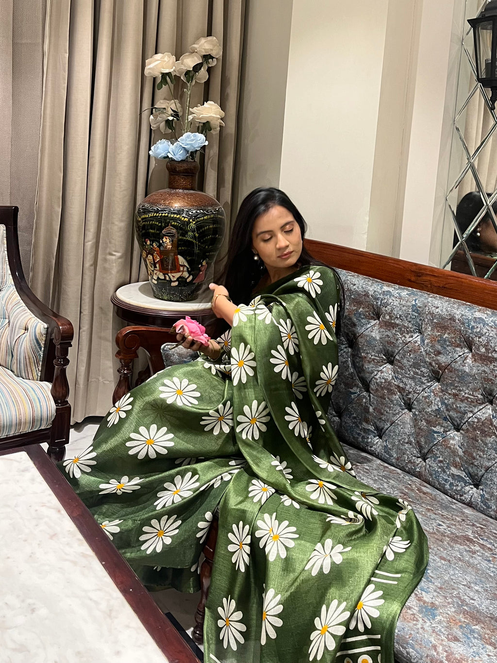 Guldasta – Olive Floral Print Saree with Unstitched Blouse