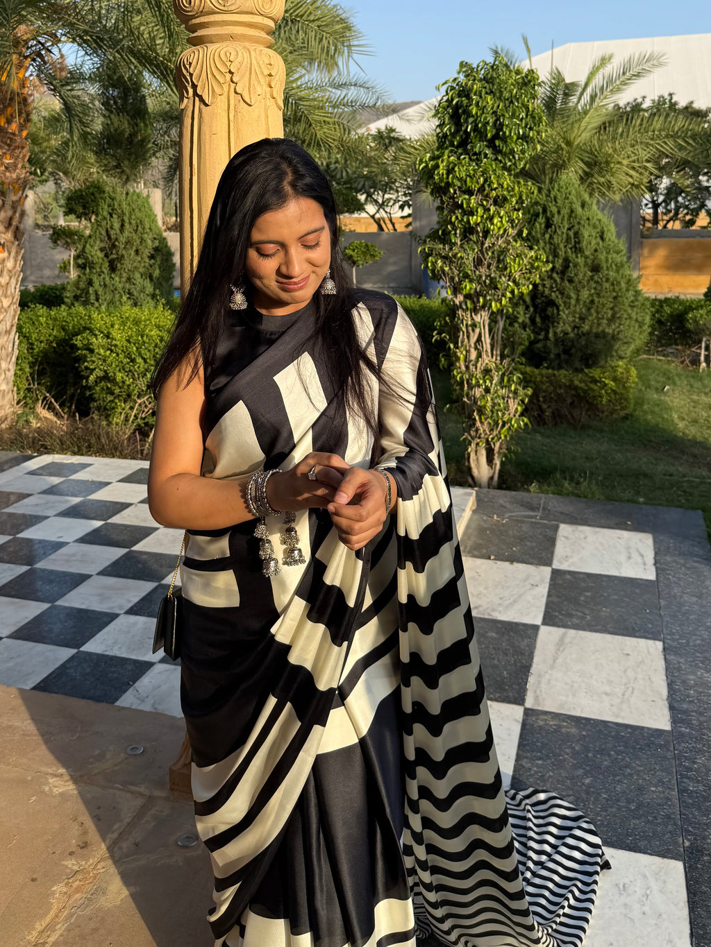 Siyahi Rekha – Black-Ivory Striped Saree with Unstitched Blouse