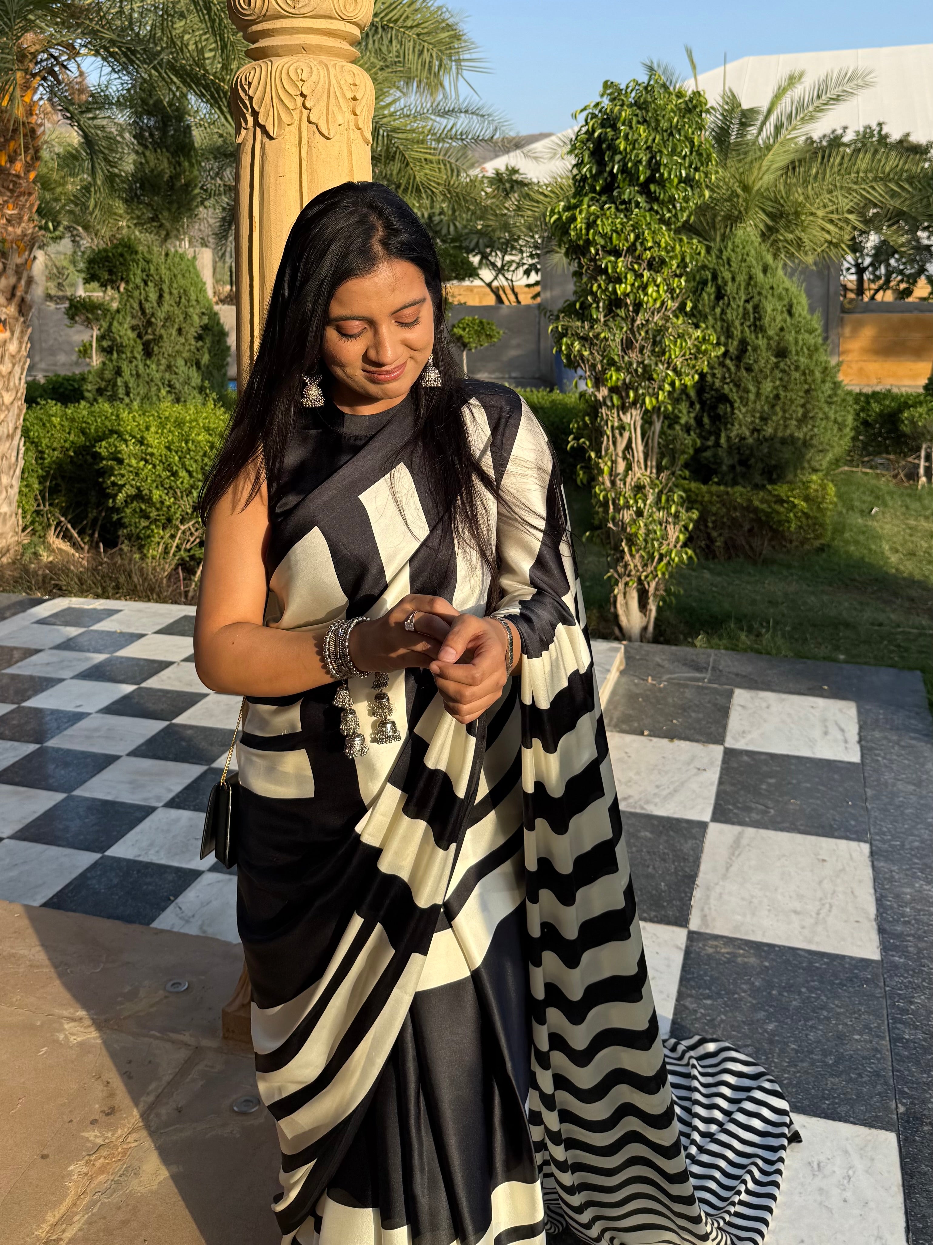 Siyahi Rekha – Black-Ivory Striped Saree with Unstitched Blouse