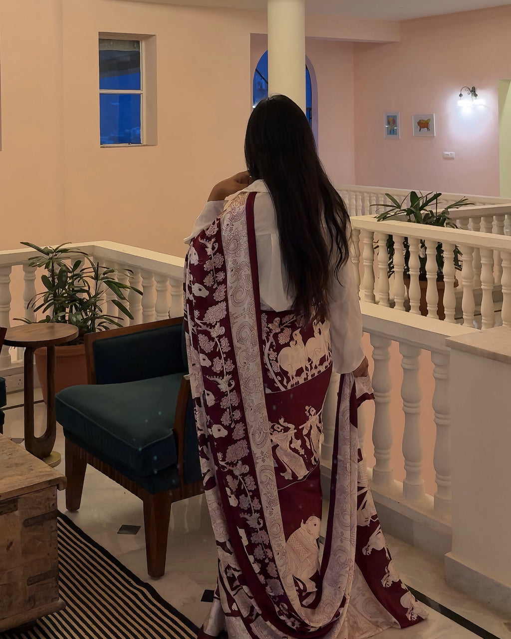 Virasat – Wine & Ivory Narrative Print Saree with Unstitched Blouse