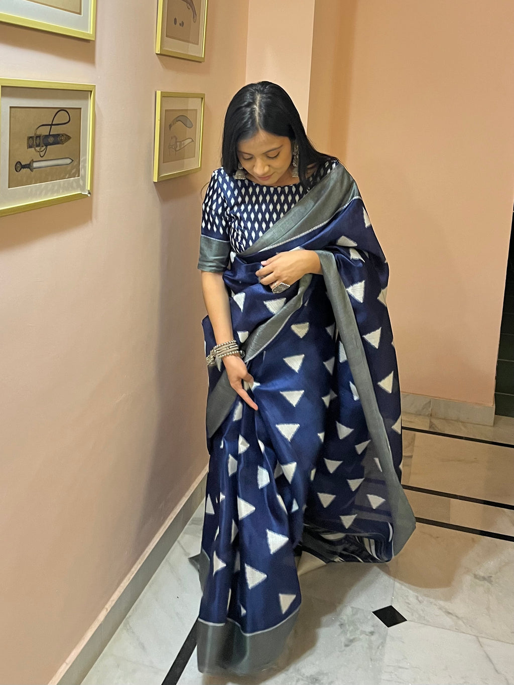 Saanjh Kavita — Indigo Triangle Motif Saree with Unstitched Blouse