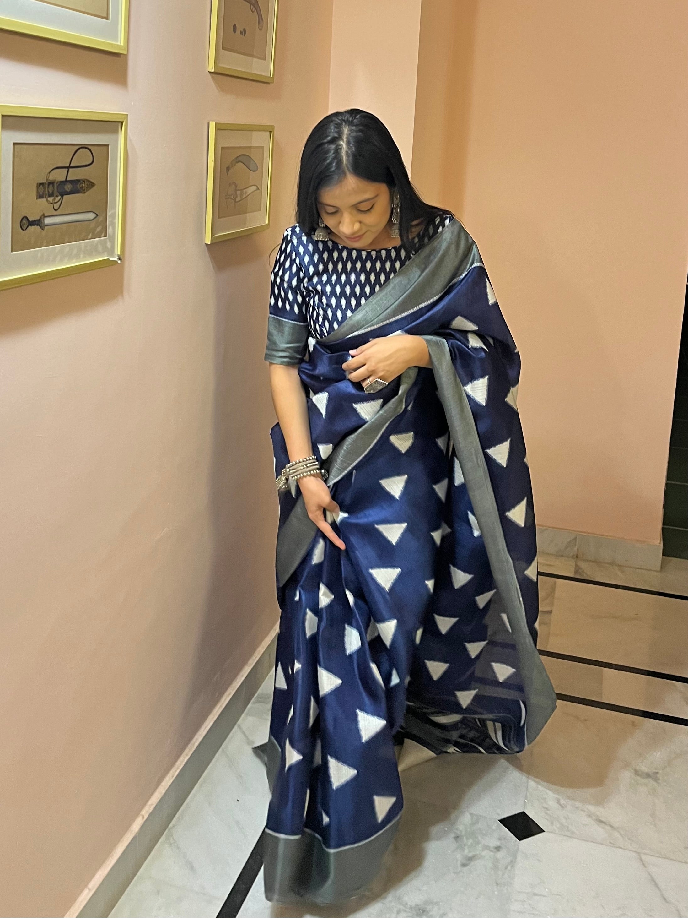 Saanjh Kavita — Indigo Triangle Motif Saree with Unstitched Blouse