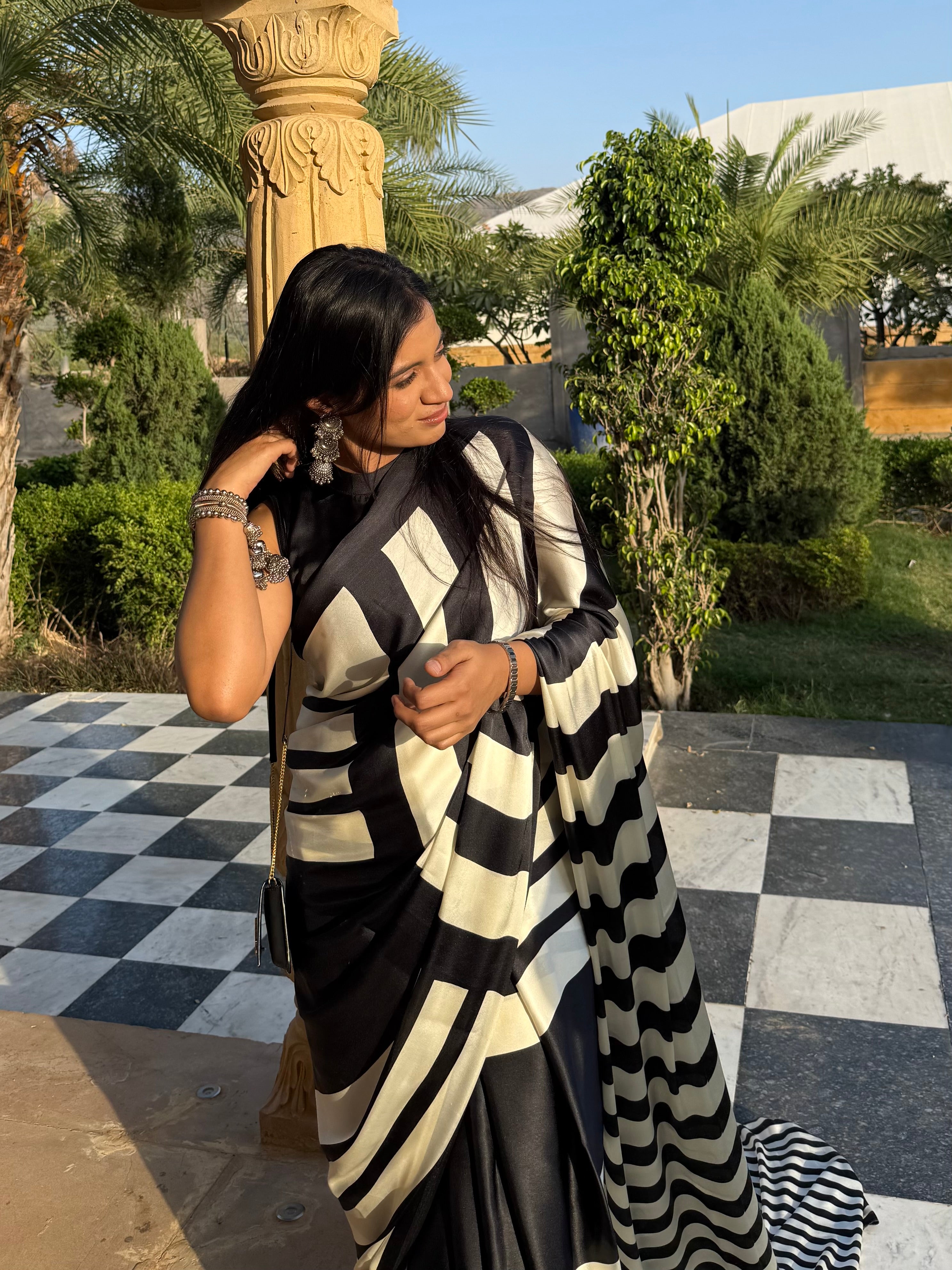 Siyahi Rekha – Black-Ivory Striped Saree with Unstitched Blouse