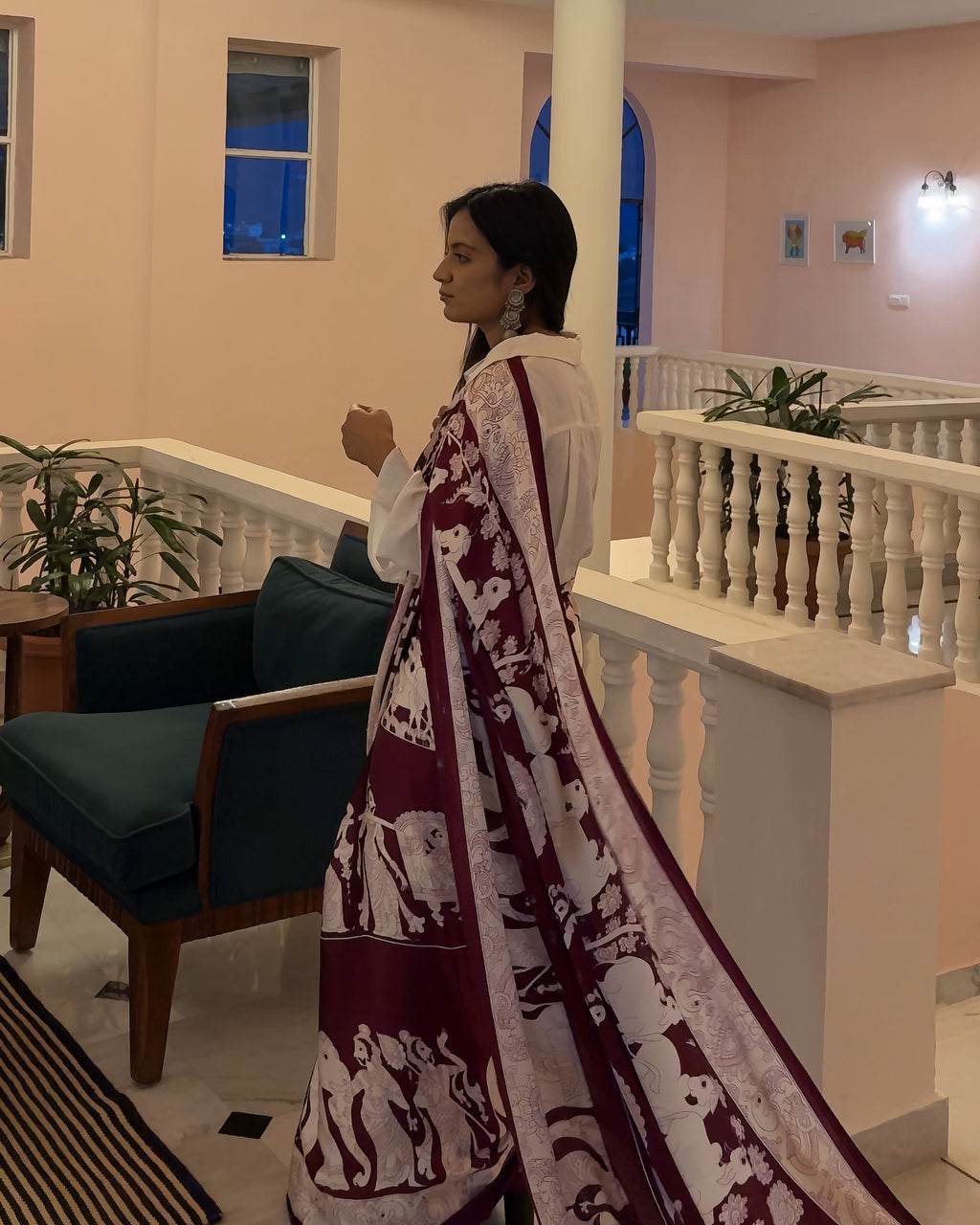 Virasat – Wine & Ivory Narrative Print Saree with Unstitched Blouse