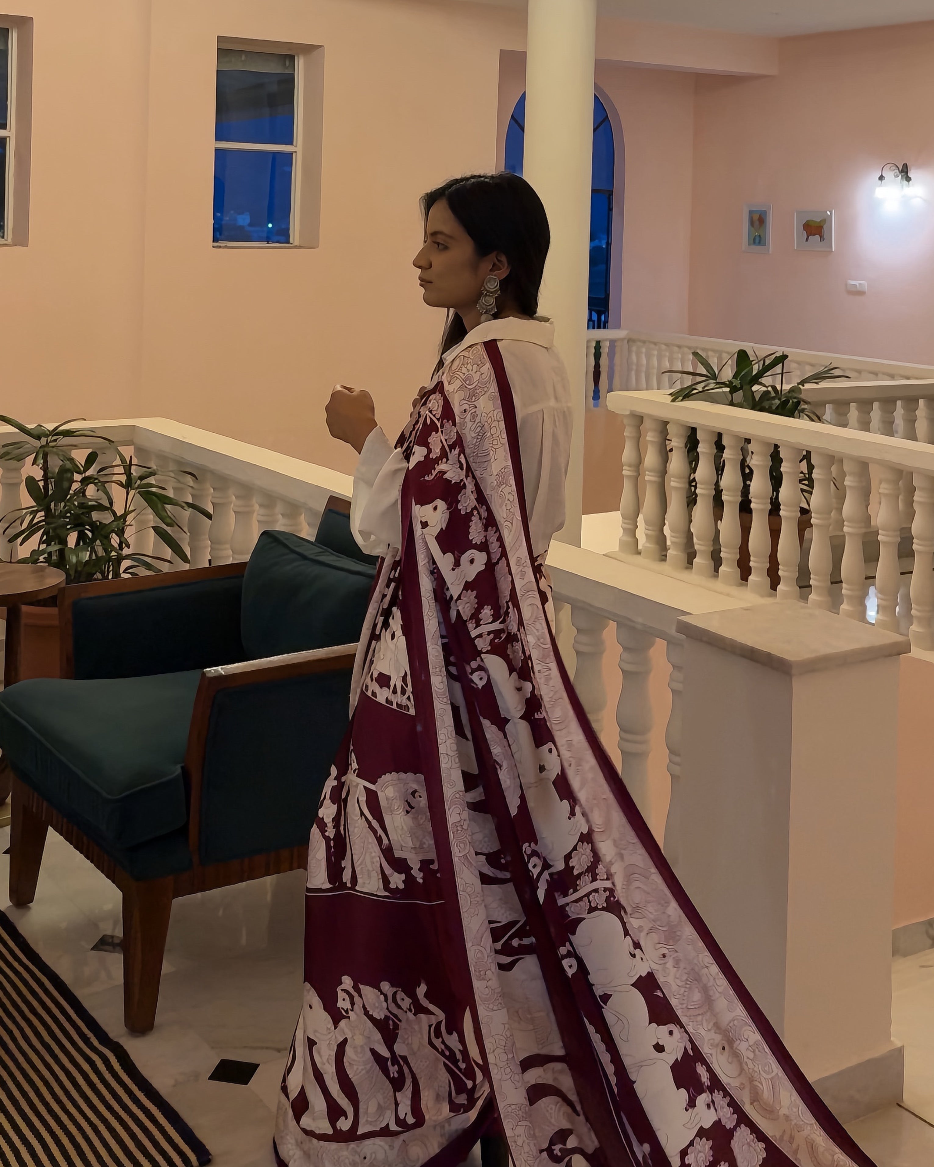 Virasat – Wine & Ivory Narrative Print Saree with Unstitched Blouse