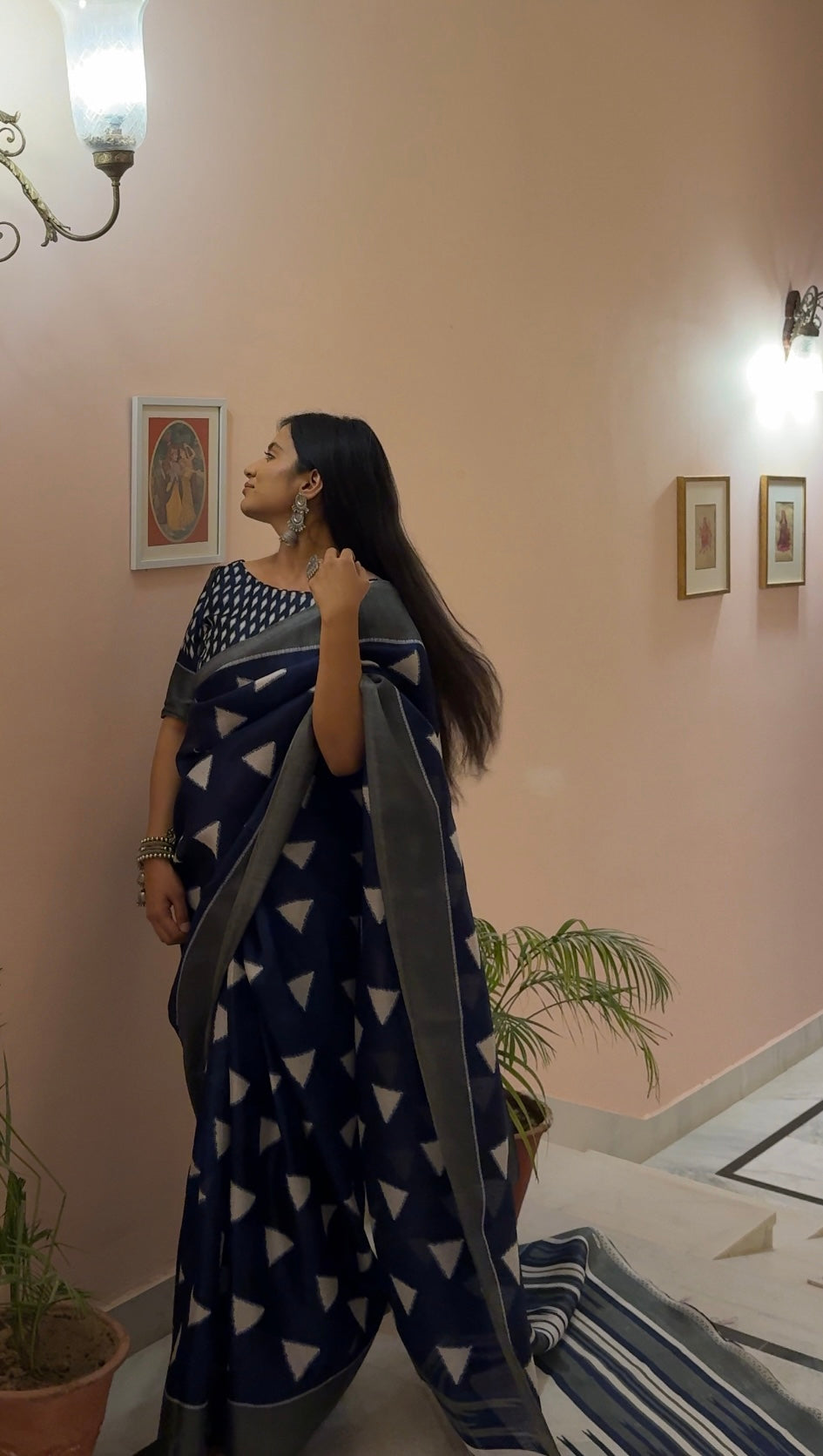 Saanjh Kavita — Indigo Triangle Motif Saree with Unstitched Blouse