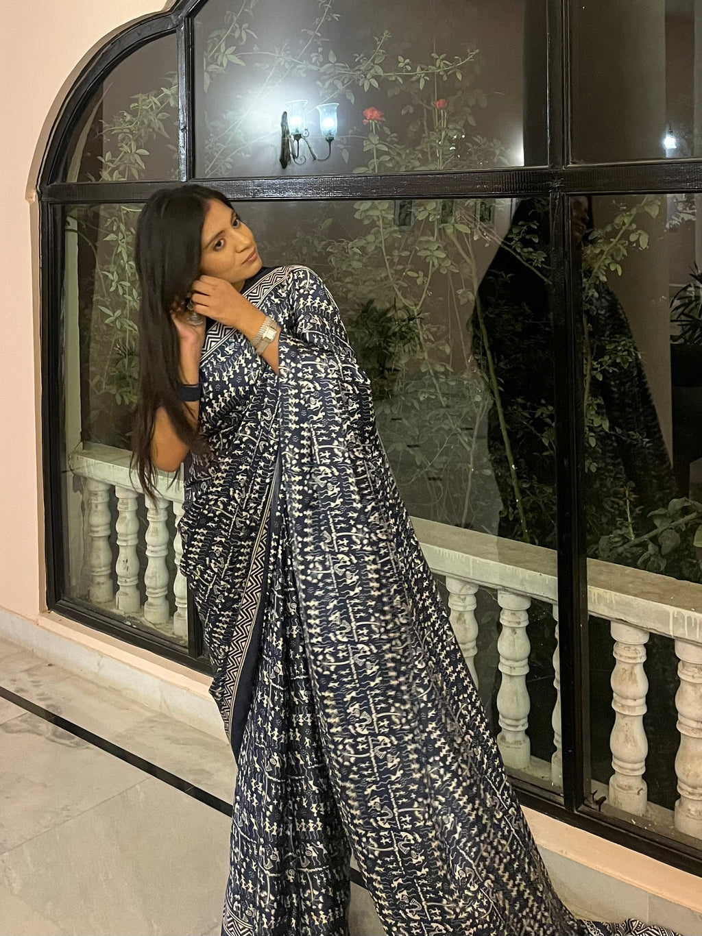 Mayur Darbar Saree – Indigo Warli-Inspired Print Saree with Unstitched Blouse