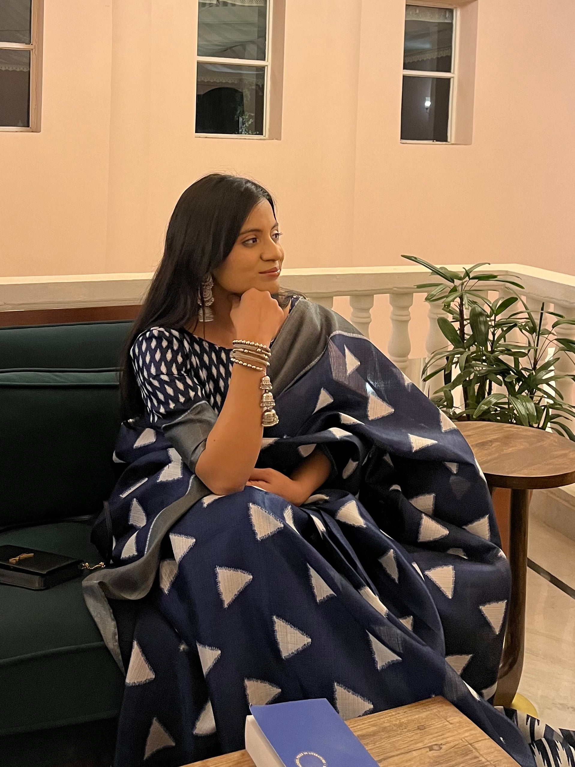 Saanjh Kavita — Indigo Triangle Motif Saree with Unstitched Blouse