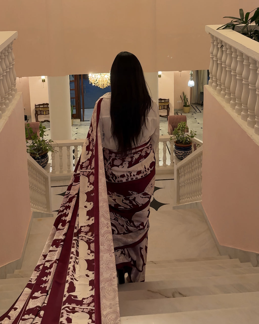 Virasat – Wine & Ivory Narrative Print Saree with Unstitched Blouse
