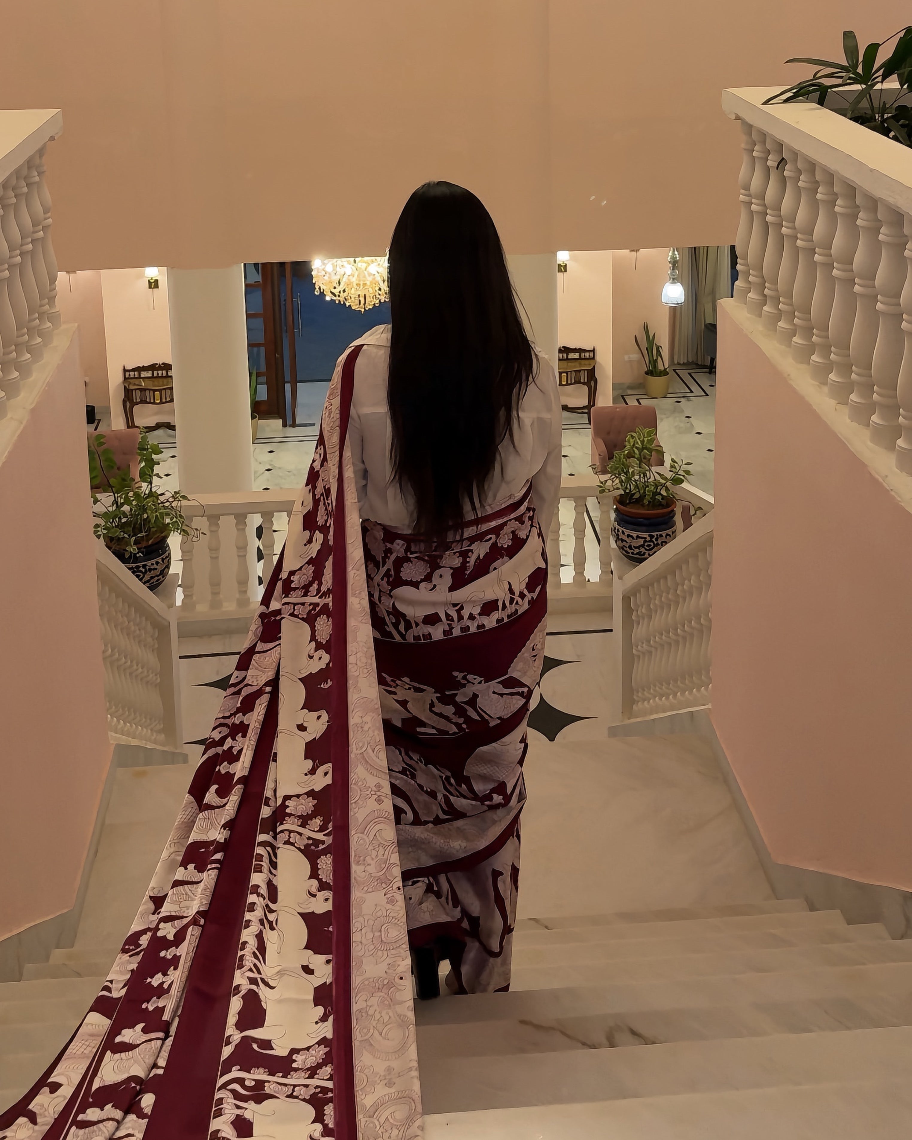 Virasat – Wine & Ivory Narrative Print Saree with Unstitched Blouse